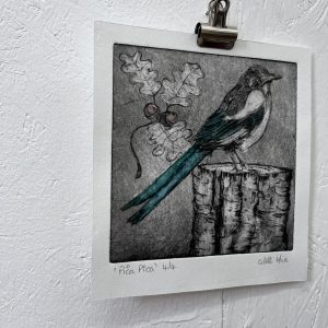 magpie oak leaf and acorn dry point print hand painted taile