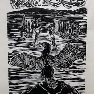 cormorant bird overlooking the salen bay old pier on the Isle of Mull watching other cormorants on posts black ink linoprint on off-white okawara printmaking paper