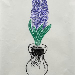 hyacinth purple bulb in jar with green leaves and sepia bulb lino print
