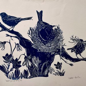 blackbirds nest snowdrops lino print spring