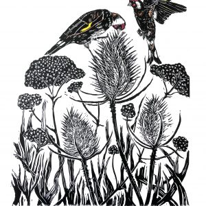 goldfinches on teasels linoprint