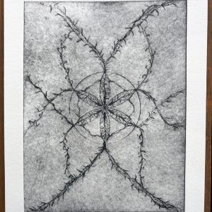 hexafoil geometric drypoint print in black ink with organic details